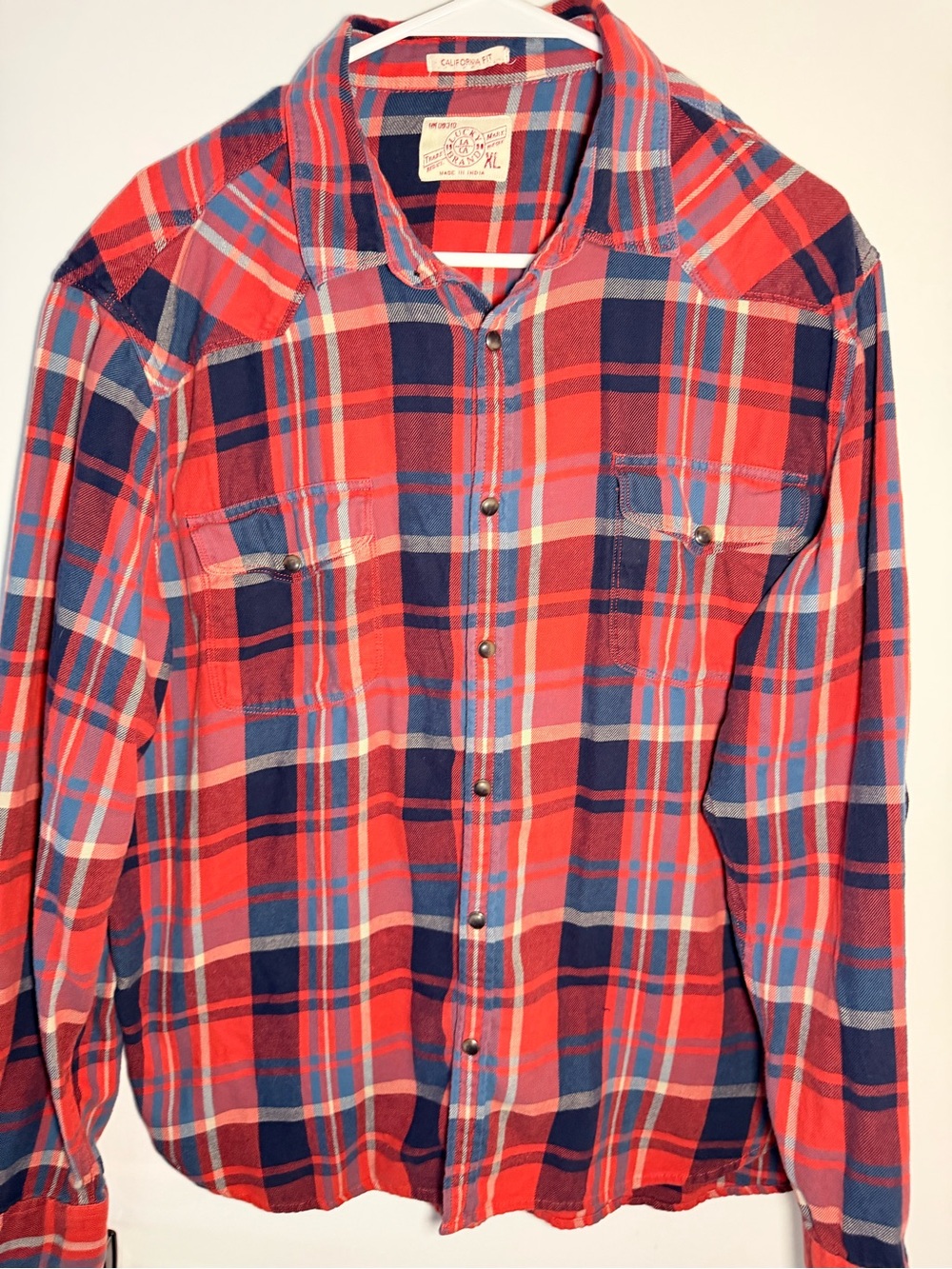 Lucky Brand Men’s XL Red Blue Plaid Western Pearl Snap Long Sleeve Shirt